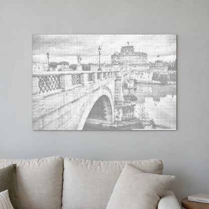 Dot-painting canvas “Castel Sant Angelo Rome”, displayed on a light wall in a softly lit room.