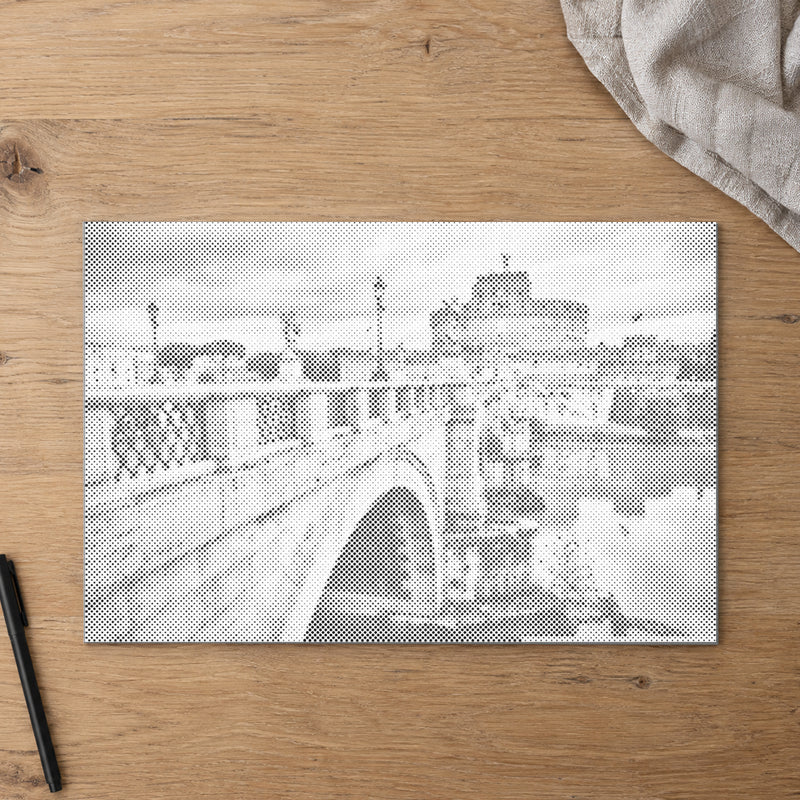 Dot-painting canvas “Castel Sant Angelo Rome”, seen from above on a worktable in soft daylight.