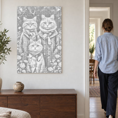 Dot-painting canvas “Cat Family”, on a light wall with a person walking through the doorway nearby.