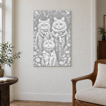 Dot-painting canvas “Cat Family”, displayed on a light wall in a softly lit room.