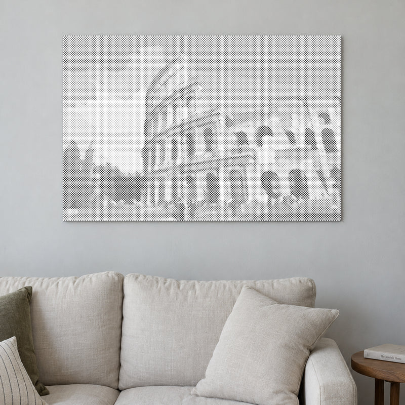 Dot-painting canvas “Colosseum Rome”, displayed on a light wall in a softly lit room.