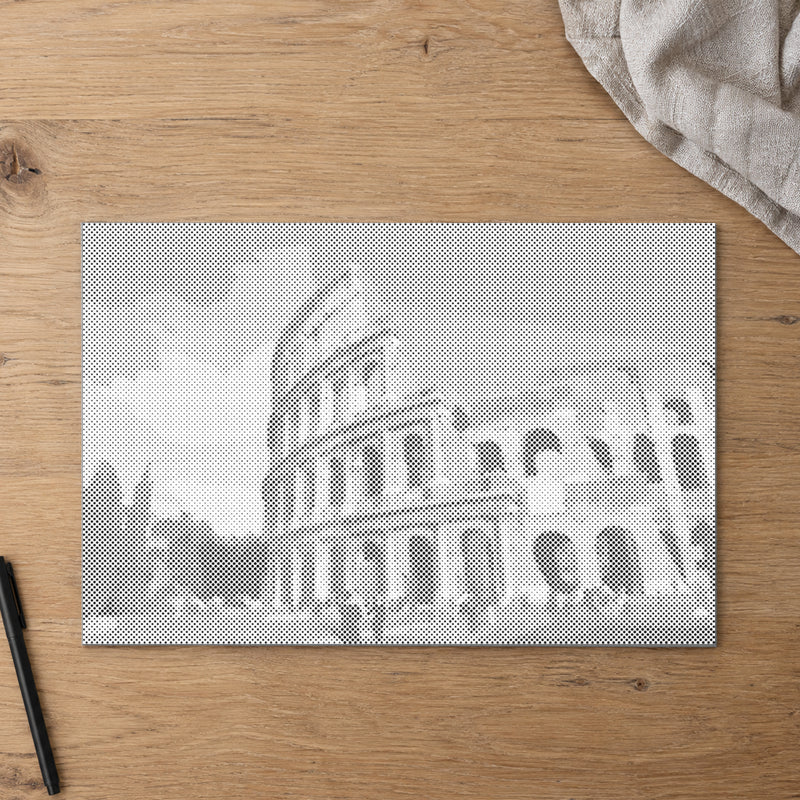 Dot-painting canvas “Colosseum Rome”, seen from above on a worktable in soft daylight.