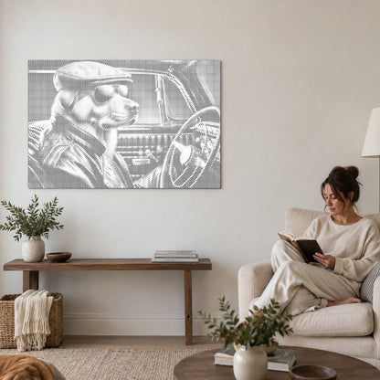 Dot-painting canvas “Cool Dog”, on a living-room wall with a person reading in an armchair nearby.