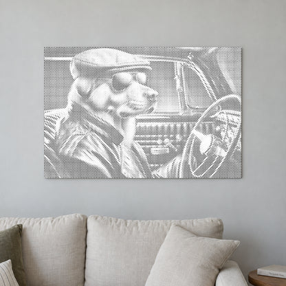 Dot-painting canvas “Cool Dog”, displayed on a light wall in a softly lit room.