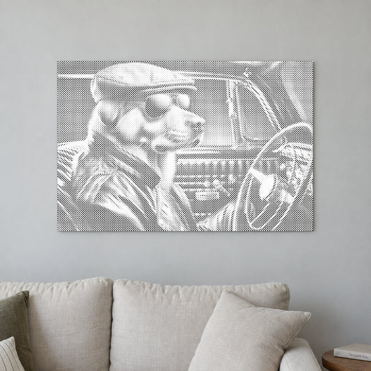 Dot-painting canvas “Cool Dog”, displayed on a light wall in a softly lit room.
