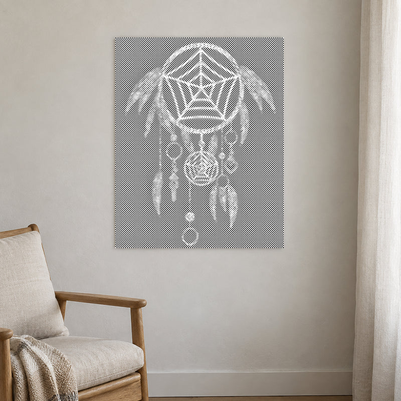 Dot-painting canvas “Dreamcatcher”, displayed on a light wall in a softly lit room.