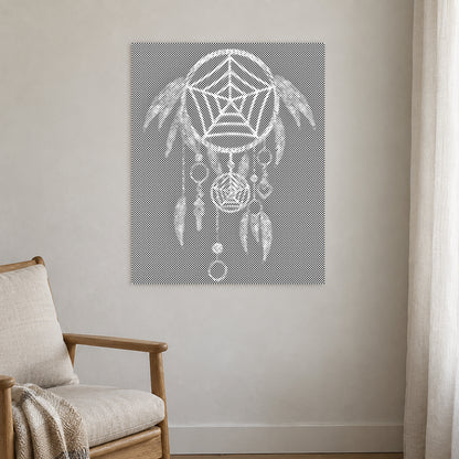 Dot-painting canvas “Dreamcatcher”, displayed on a light wall in a softly lit room.