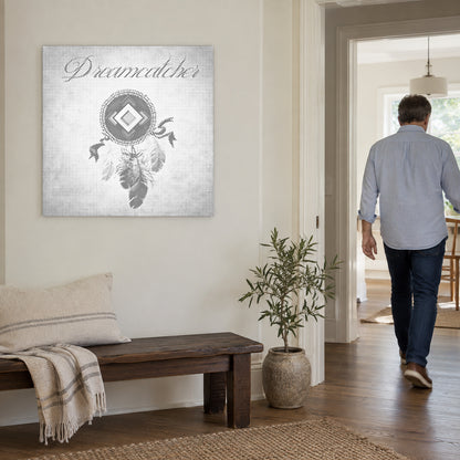 Dot-painting canvas “Dreamcatcher with Feathers”, on a light wall with a person walking through the doorway nearby.