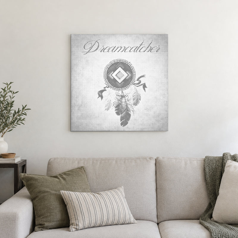 Dot-painting canvas “Dreamcatcher with Feathers”, displayed on a light wall in a softly lit room.