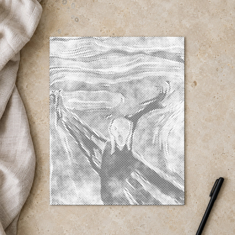 Dot-painting canvas “Edvard Munch The Scream”, seen from above on a worktable in soft daylight.
