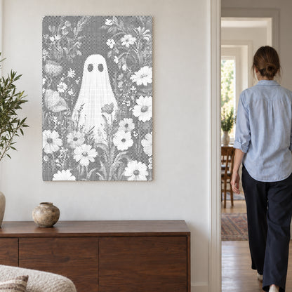 Dot-painting canvas “Ghost in the Flower Field”, on a light wall with a person walking through the doorway nearby.