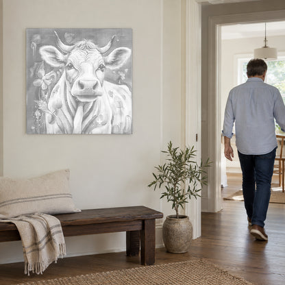 Dot-painting canvas “Happy Cow”, on a light wall with a person walking through the doorway nearby.