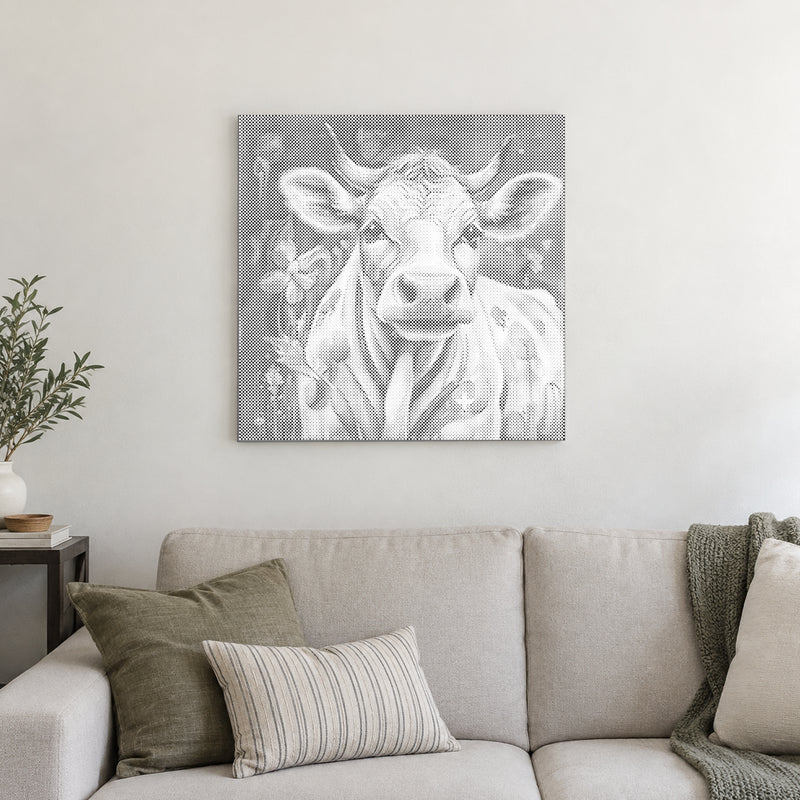 Dot-painting canvas “Happy Cow”, displayed on a light wall in a softly lit room.