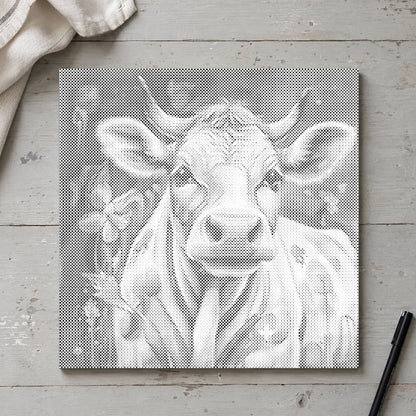 Dot-painting canvas “Happy Cow”, seen from above on a worktable in soft daylight.