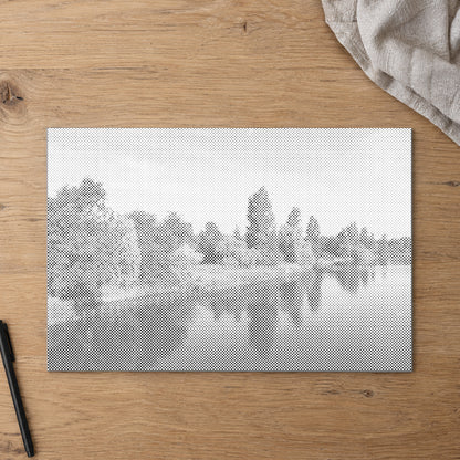 Dot-painting canvas “Hyde Park London”, seen from above on a worktable in soft daylight.