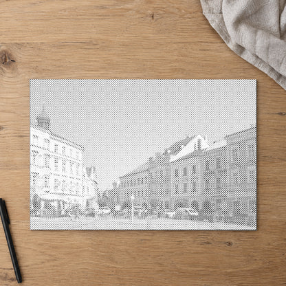Dot-painting canvas “Jindrichuv Hradec”, seen from above on a worktable in soft daylight.