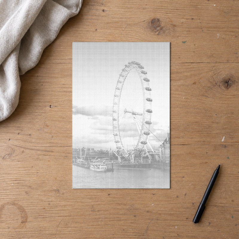 Dot-painting canvas “London Eye”, seen from above on a worktable in soft daylight.