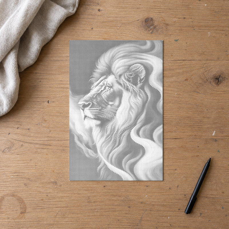 Dot-painting canvas “Majestic Lion”, seen from above on a worktable in soft daylight.