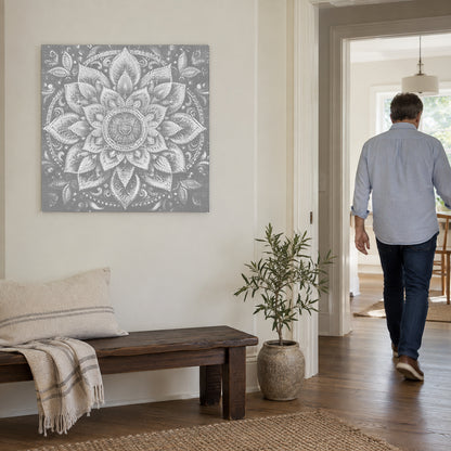 Dot-painting canvas “Modern Mandala Wall Art”, on a light wall with a person walking through the doorway nearby.