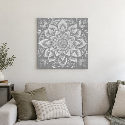 Dot-painting canvas “Modern Mandala Wall Art”, displayed on a light wall in a softly lit room.