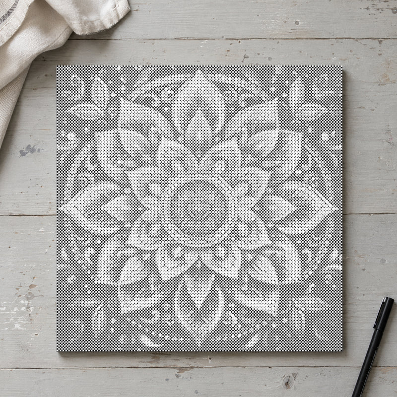Dot-painting canvas “Modern Mandala Wall Art”, seen from above on a worktable in soft daylight.