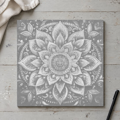 Dot-painting canvas “Modern Mandala Wall Art”, seen from above on a worktable in soft daylight.