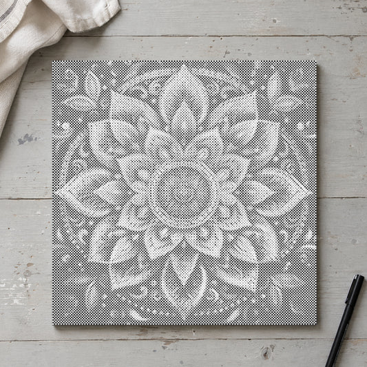 Dot-painting canvas “Modern Mandala Wall Art”, seen from above on a worktable in soft daylight.