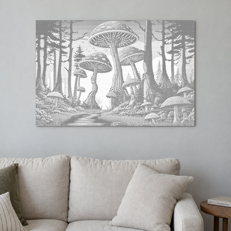 Dot-painting canvas “Mushrooms”, displayed on a light wall in a softly lit room.