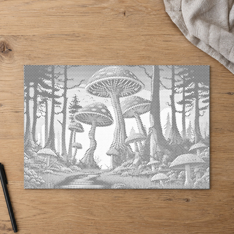 Dot-painting canvas “Mushrooms”, seen from above on a worktable in soft daylight.