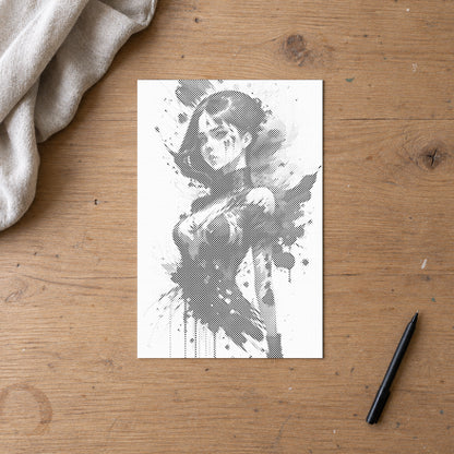 Dot-painting canvas “Provocative Woman”, seen from above on a worktable in soft daylight.