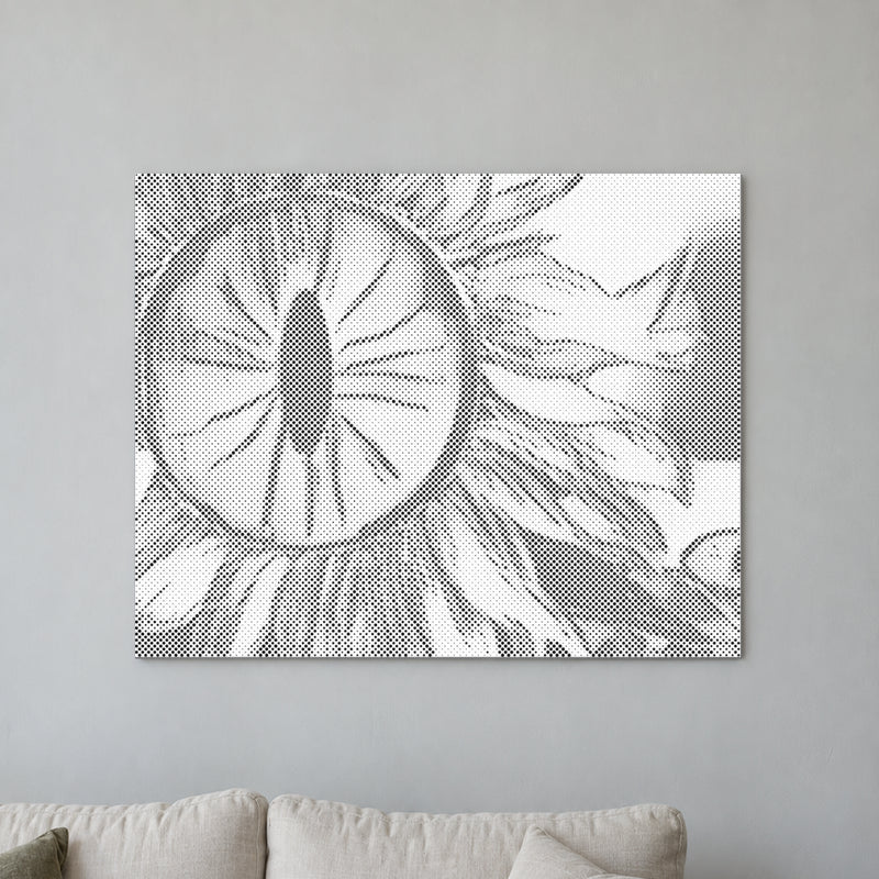 Dot-painting canvas “Sunflower Eye”, displayed on a light wall in a softly lit room.