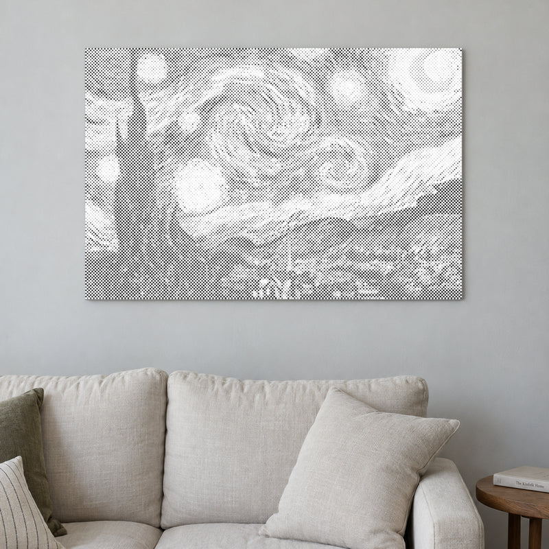 Dot-painting canvas “The Starry Night by Van Gogh”, displayed on a light wall in a softly lit room.