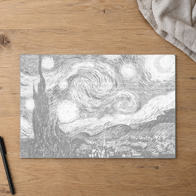 Dot-painting canvas “The Starry Night by Van Gogh”, seen from above on a worktable in soft daylight.