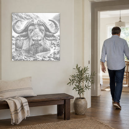 Dot-painting canvas “Water Buffalo”, on a light wall with a person walking through the doorway nearby.