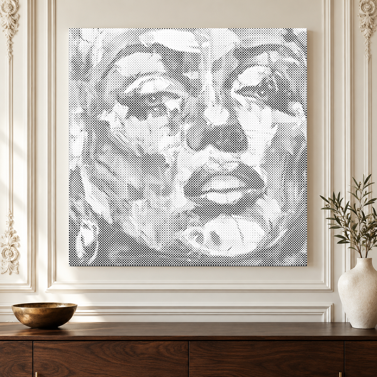 The Painted Muse square face portrait dot painting shown close up against ornate ivory panelled walls.