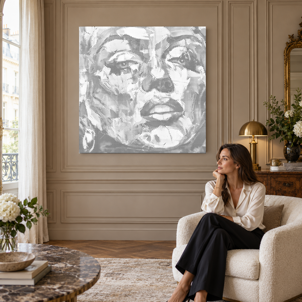 The Painted Muse square portrait dot painting in an elegant taupe panelled room with a woman seated nearby.