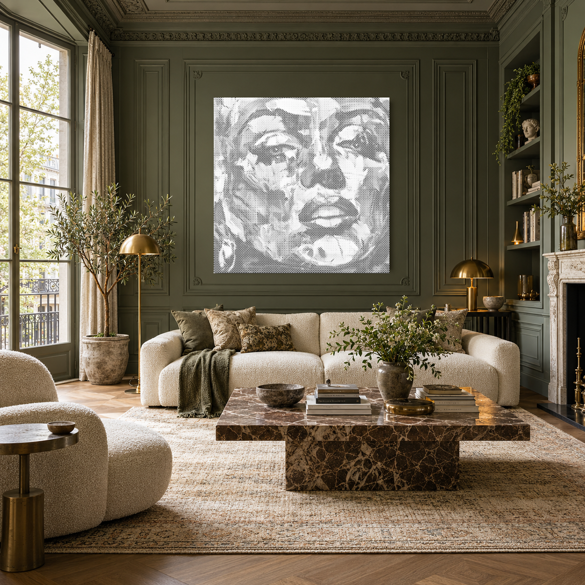 The Painted Muse square portrait dot painting in a wide view of a luxury olive panelled living room.