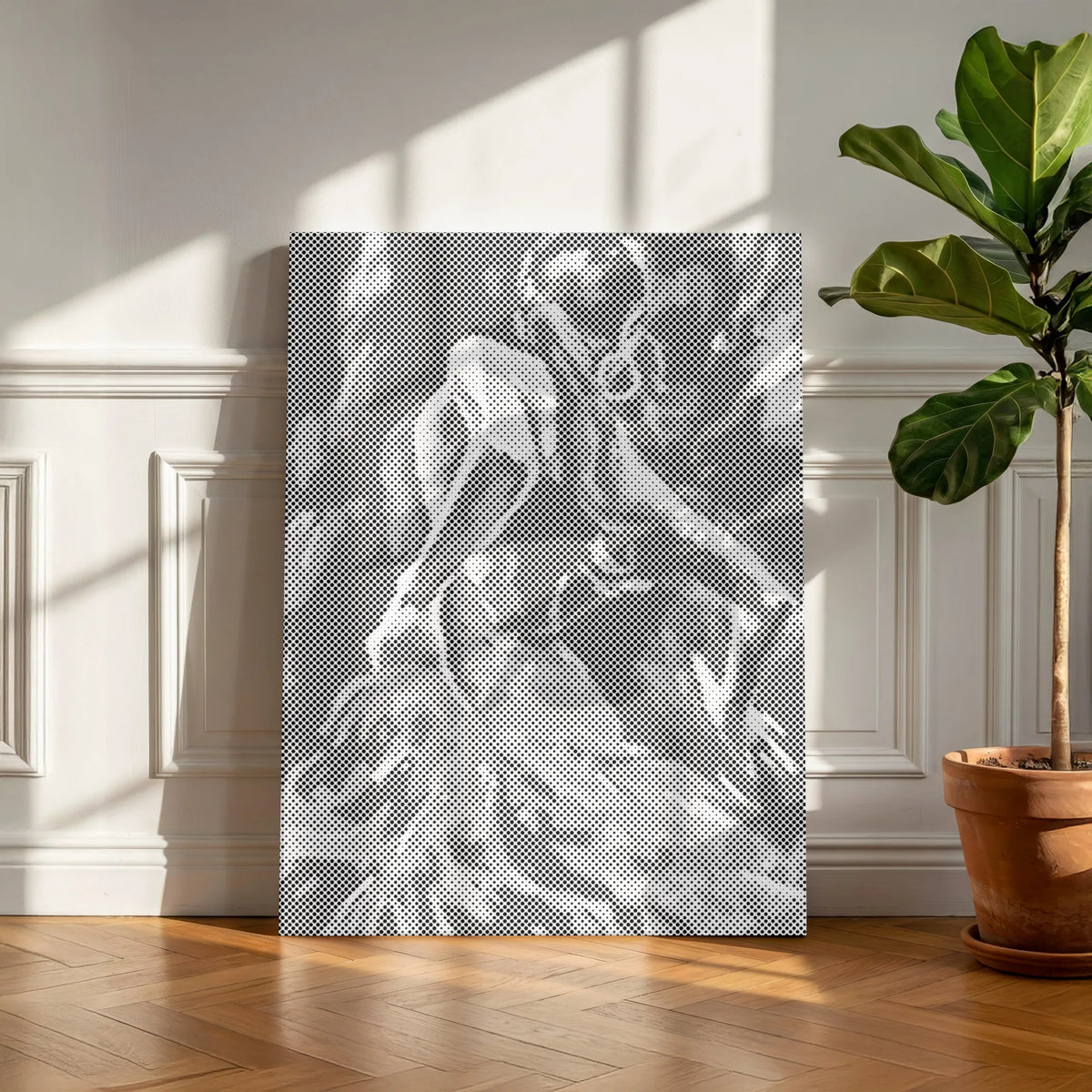 Poetry in Motion dancer dot painting on an edge-to-edge canvas against a panelled cream wall.