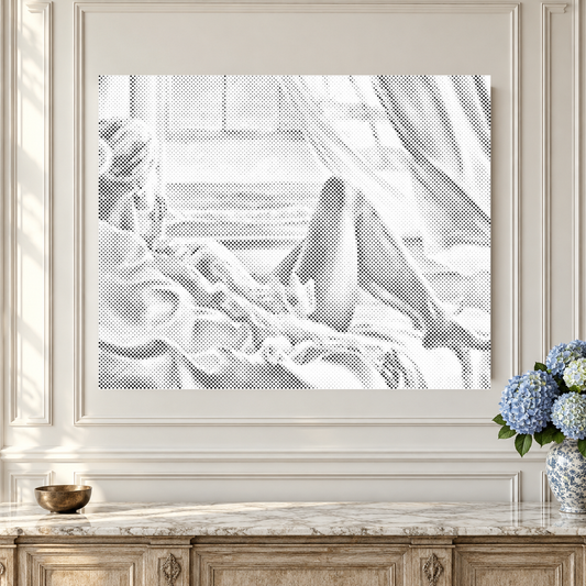 The Quiet Horizon coastal landscape dot painting, shown close up against ornate ivory panelled walls.