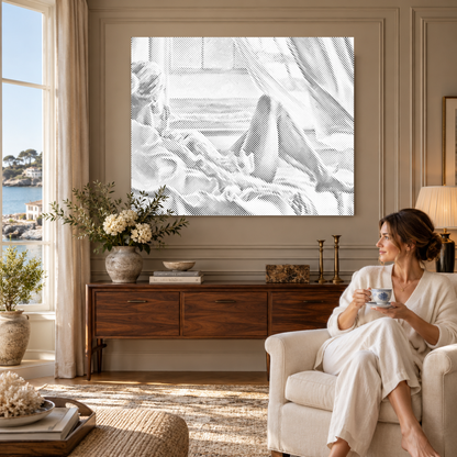The Quiet Horizon coastal dot painting in a luxury panelled room, with a woman seated nearby holding a cup of tea.