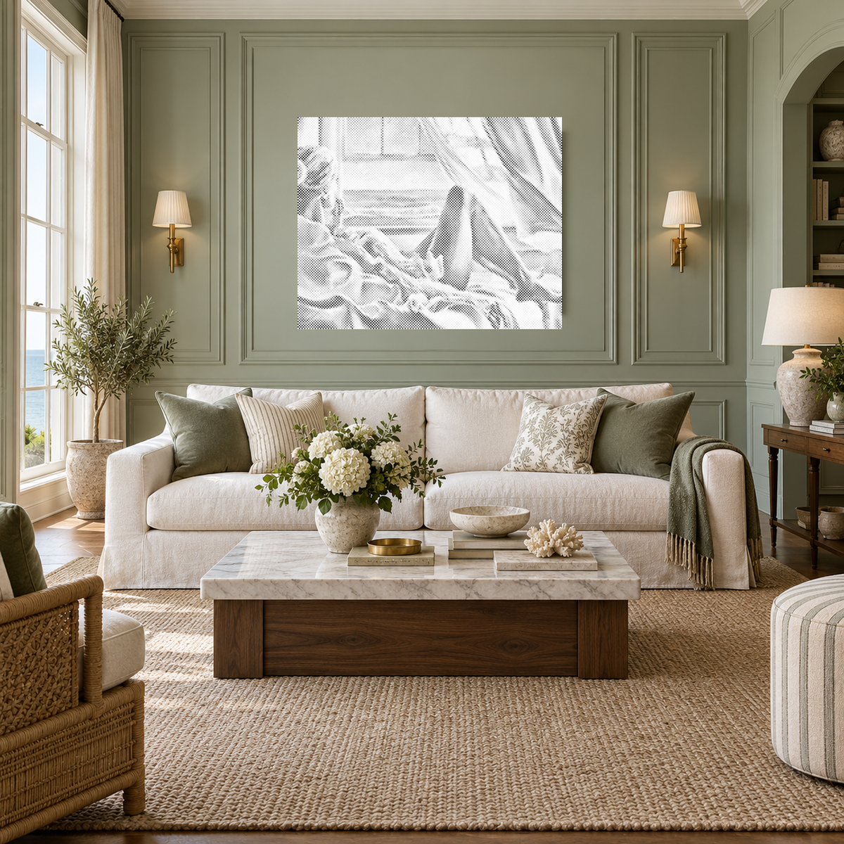 The Quiet Horizon coastal dot painting in a wide view of a luxurious sage panelled living room above a cream sofa.