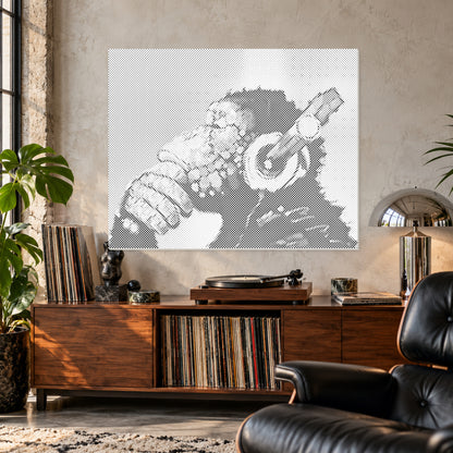Rebel Rhythm monkey with headphones dot painting shown close up above a walnut record console.