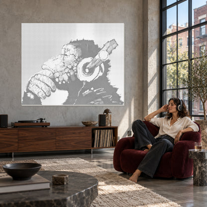 Rebel Rhythm monkey with headphones dot painting in a music lounge with a woman listening through headphones.