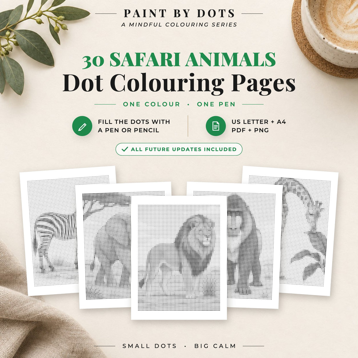 Safari Animals dot colouring pages cover with 30 printable dot painting designs