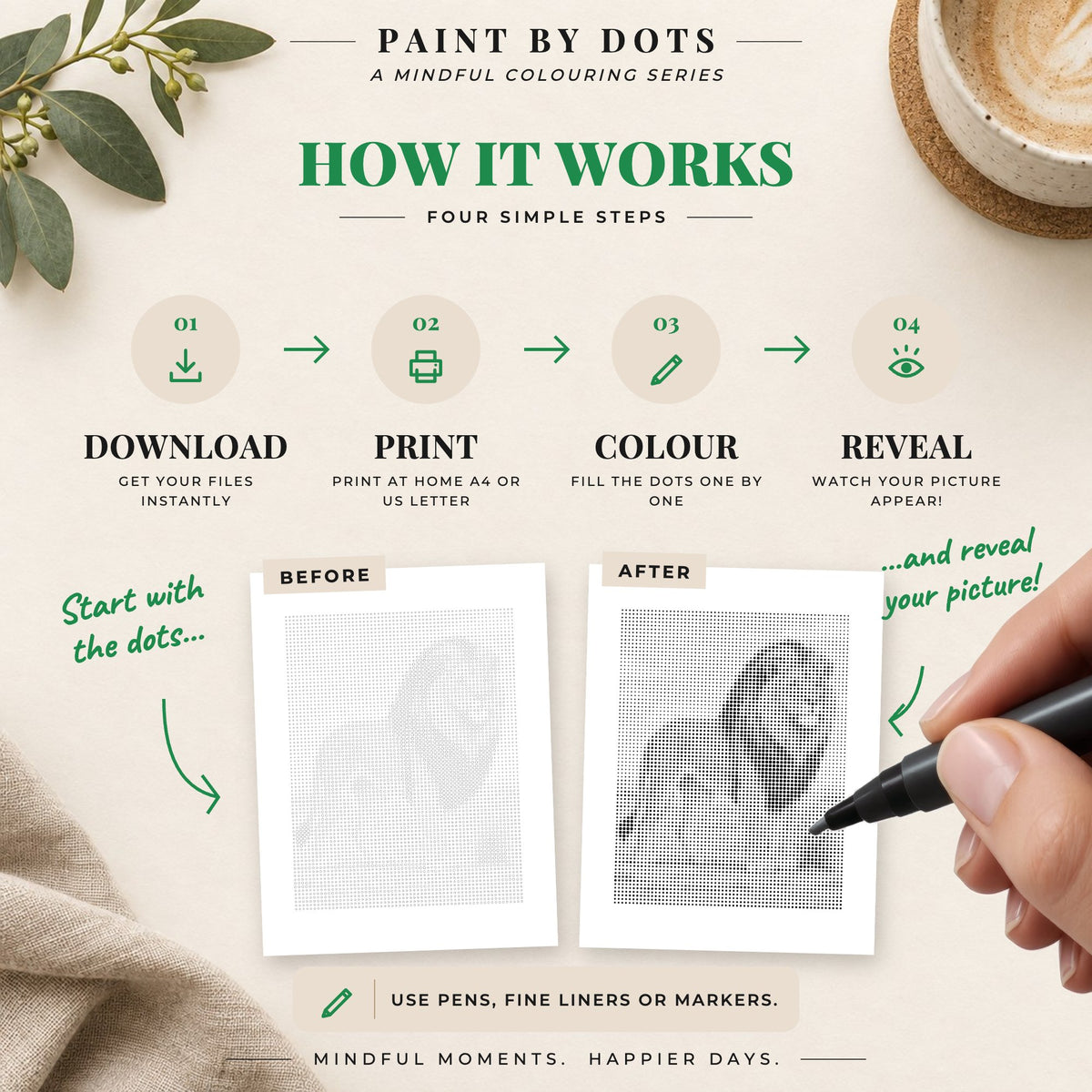 How to download, print and fill the circles in the Safari Animals dot painting book