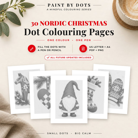 Scandinavian Christmas dot colouring pages cover with 30 printable dot painting designs