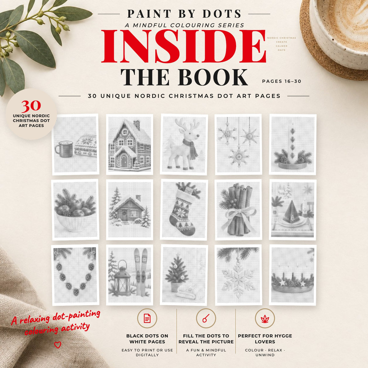 Preview of Scandinavian Christmas printable dot painting designs, pages 16 to 30