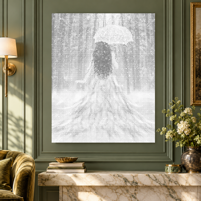 The Wise Woman dot painting in a luxurious sage panelled room above a marble console.