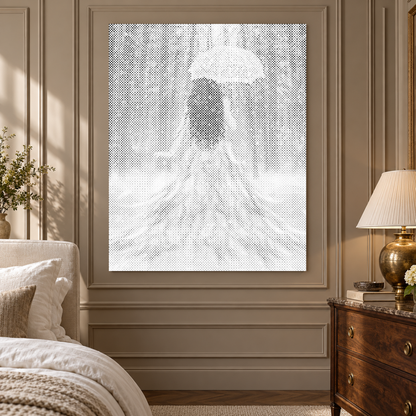The Wise Woman dot painting shown close up in an elegant taupe panelled bedroom.