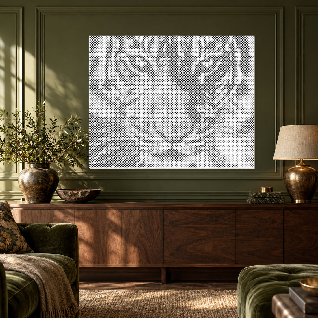 Wild Majesty tiger portrait dot painting shown close up on an olive panelled wall above a walnut console.